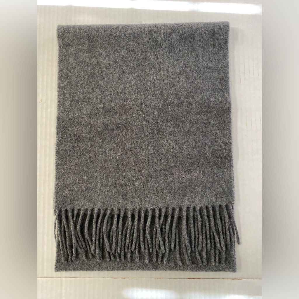 Nwt Vtg Harrods Of London Lambswool Fringed Scarf Embroidered Logo Charcoal
